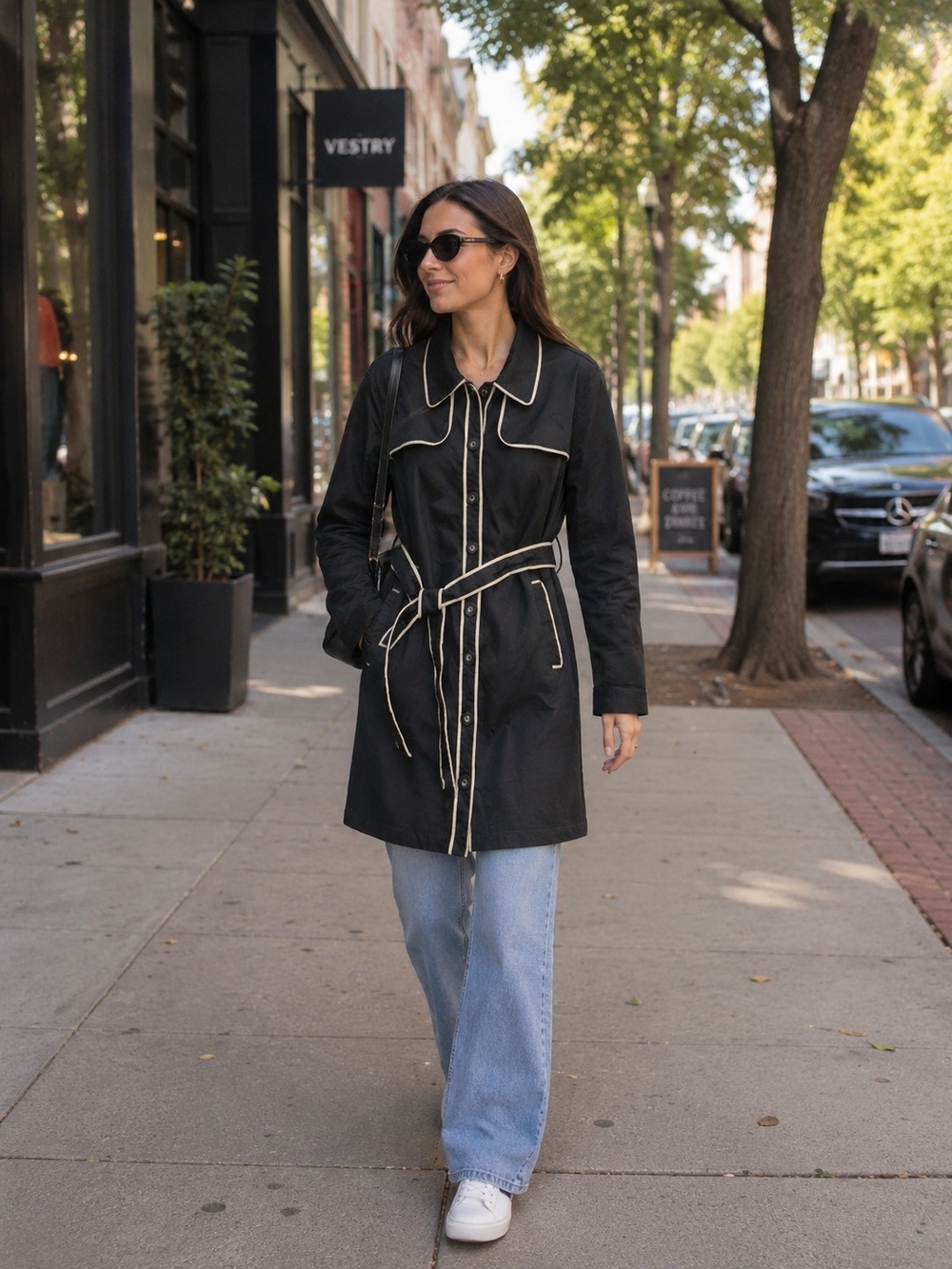 George Black Trench Coat with Cream Contrast Piping